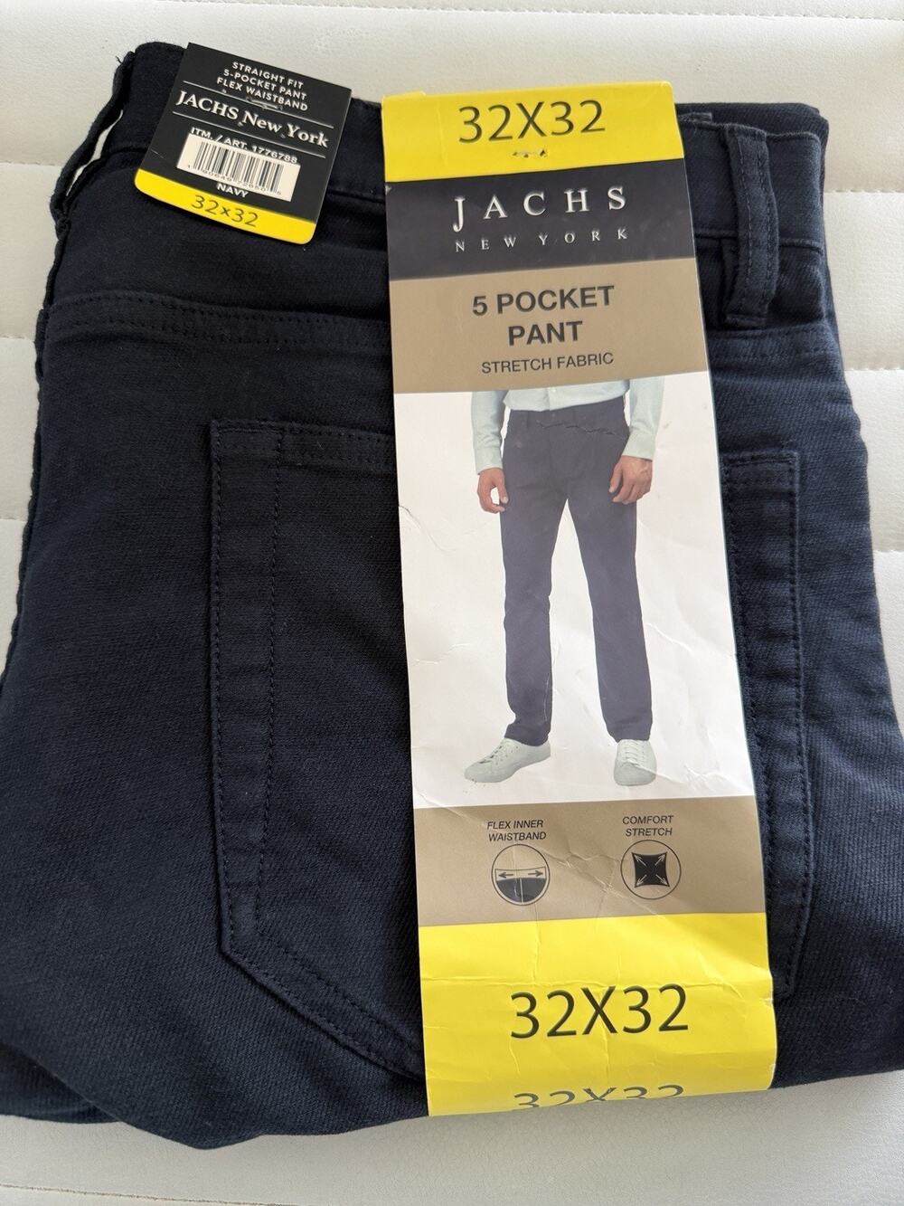 Jachs New York 32X32 Pants Navy Blue Straight Fit 5 Pocket Flex Waistband Chino